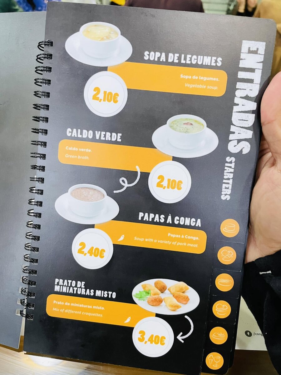 CONGA 菜單的前菜頁面，蔬菜湯與青菜湯 2.10 歐元、豬肉濃湯 Papas à Conga 2.40 歐元