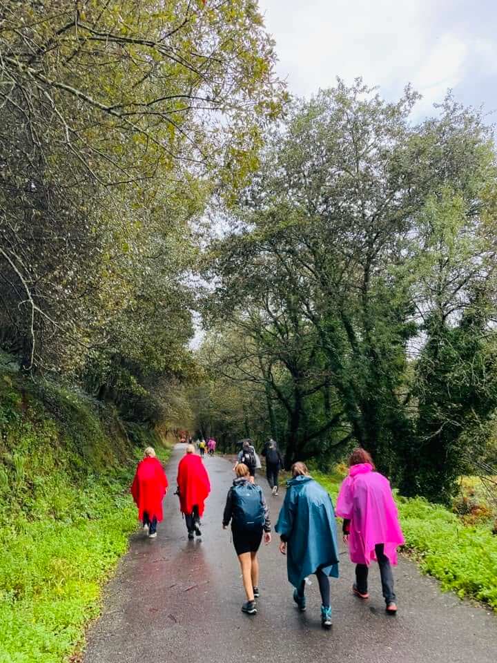 葡萄牙之路雨天路段，朝聖者穿著雨衣前行